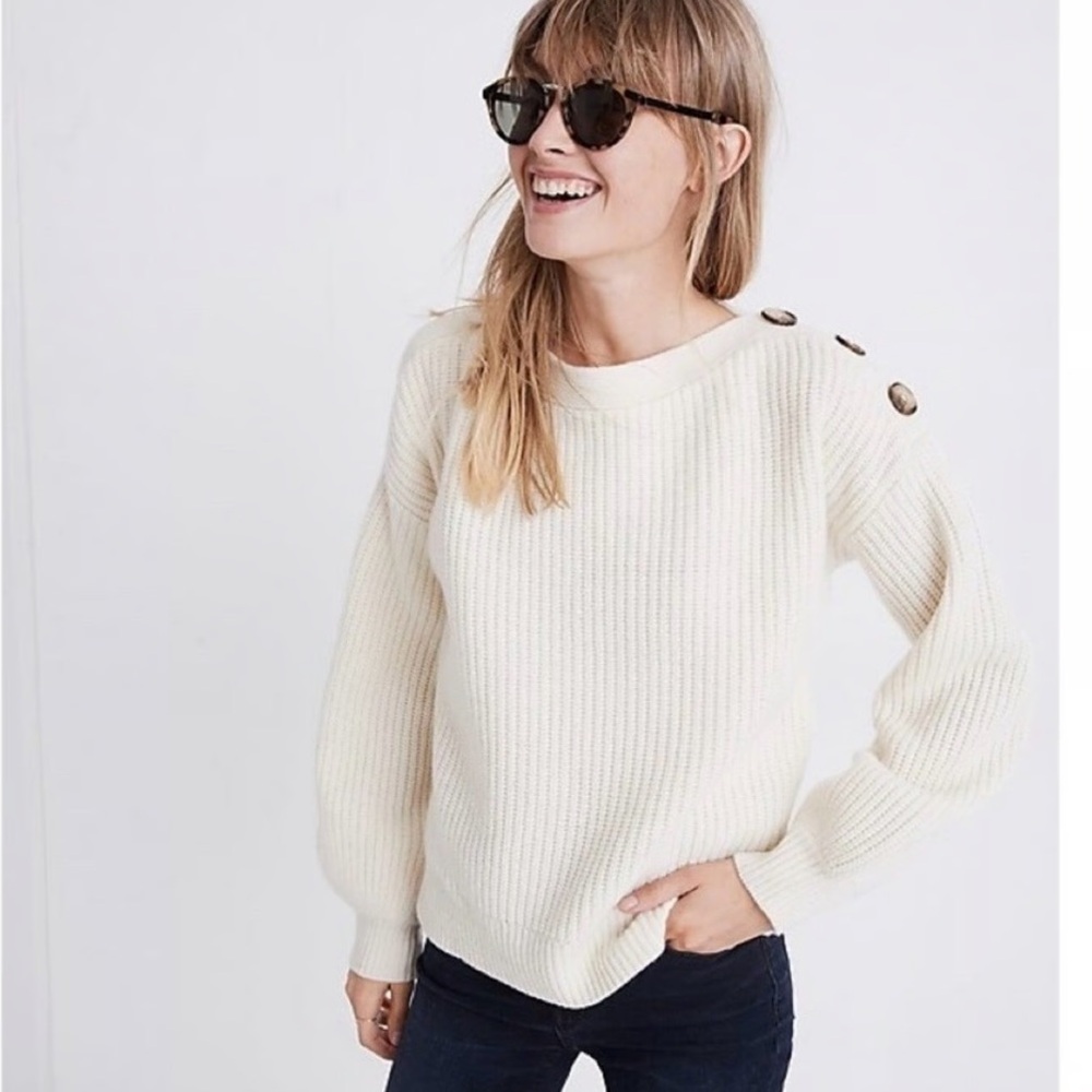 Madewell | Ivory Boatneck Button-Shoulder Sweater | Merino Wool Blend | Large